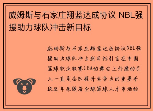 威姆斯与石家庄翔蓝达成协议 NBL强援助力球队冲击新目标