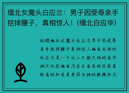 缅北女魔头白应兰：男子因受辱亲手挖掉腰子，真相惊人！(缅北白应华)
