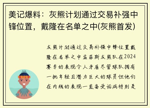 美记爆料：灰熊计划通过交易补强中锋位置，戴隆在名单之中(灰熊首发)