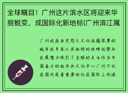 全球瞩目！广州这片滨水区将迎来华丽蜕变，成国际化新地标(广州滨江属于哪个省哪个市)