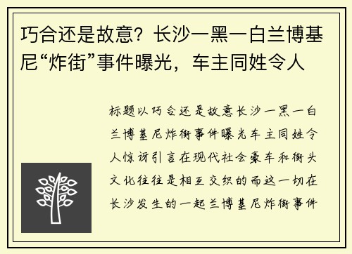 巧合还是故意？长沙一黑一白兰博基尼“炸街”事件曝光，车主同姓令人惊讶
