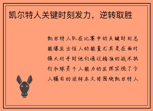 凯尔特人关键时刻发力，逆转取胜
