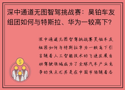 深中通道无图智驾挑战赛：昊铂车友组团如何与特斯拉、华为一较高下？