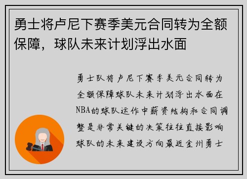 勇士将卢尼下赛季美元合同转为全额保障，球队未来计划浮出水面